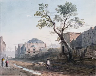 Scotch Church och resterna av London Wall, 1818